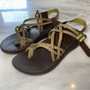 Chaco Women's Adjustable Sandals-Brown Green Straps-Hiking Outdoors-Size 10